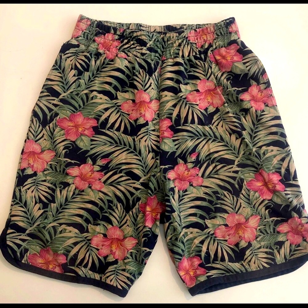 Worland Hawaiian Print Shorts Men Hybiscus Flowers Pink Green L